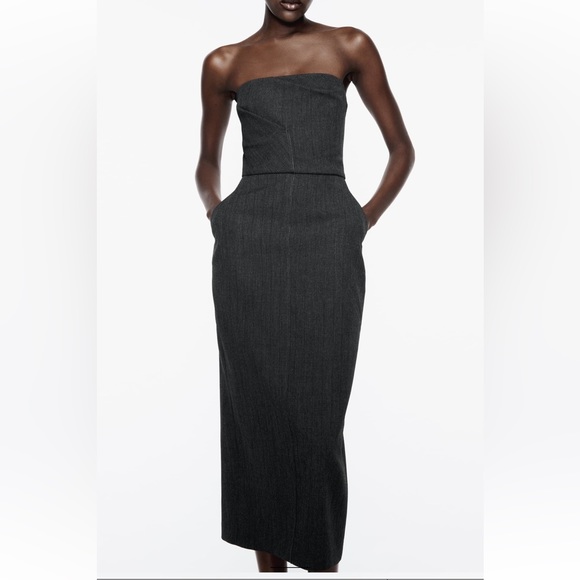NEW Zara Strapless Charcoal Grey Pinstriped Suit Dress Size S - Picture 4 of 16